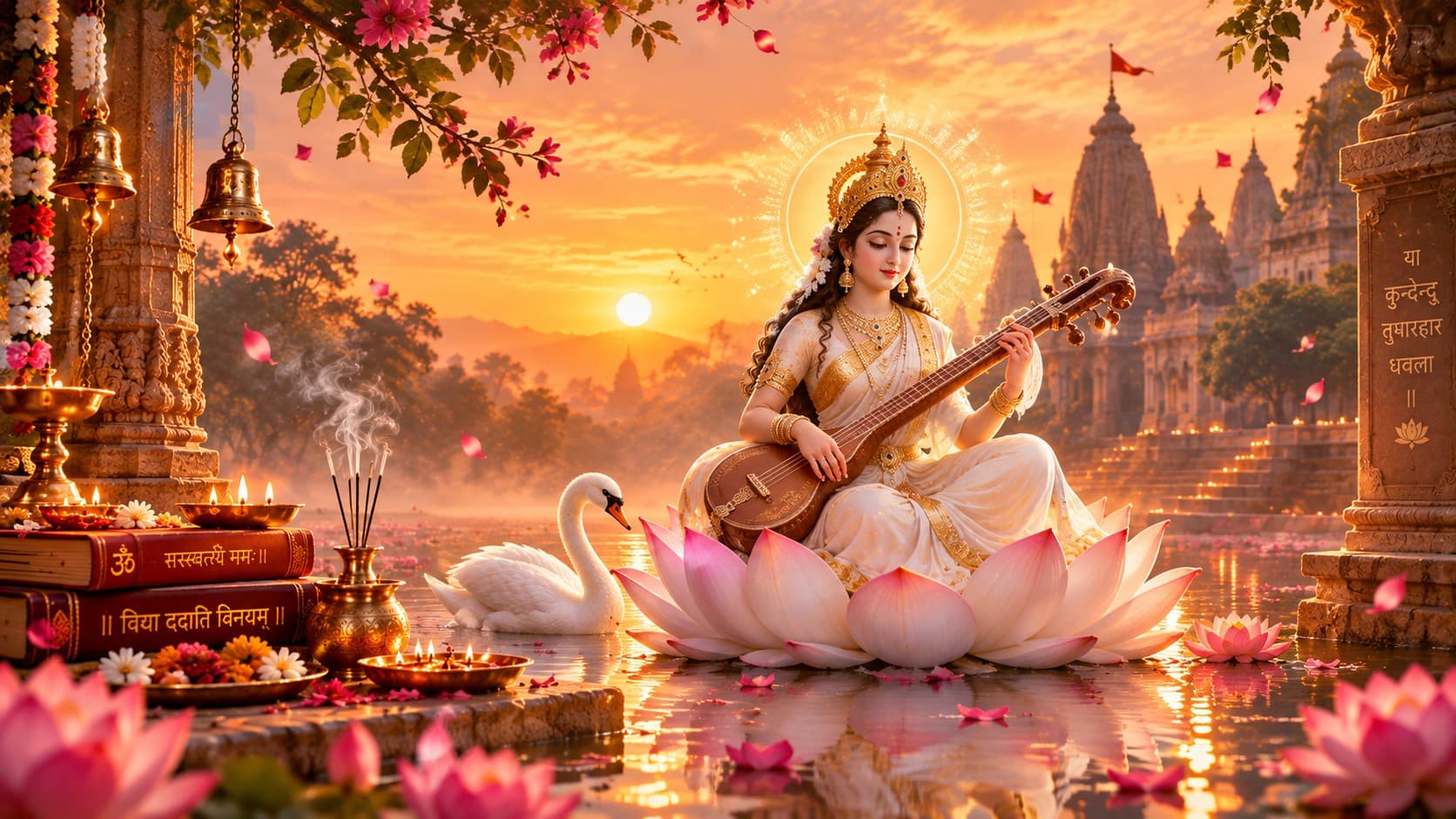Maa Saraswati seated on a lotus with a swan, in a temple courtyard